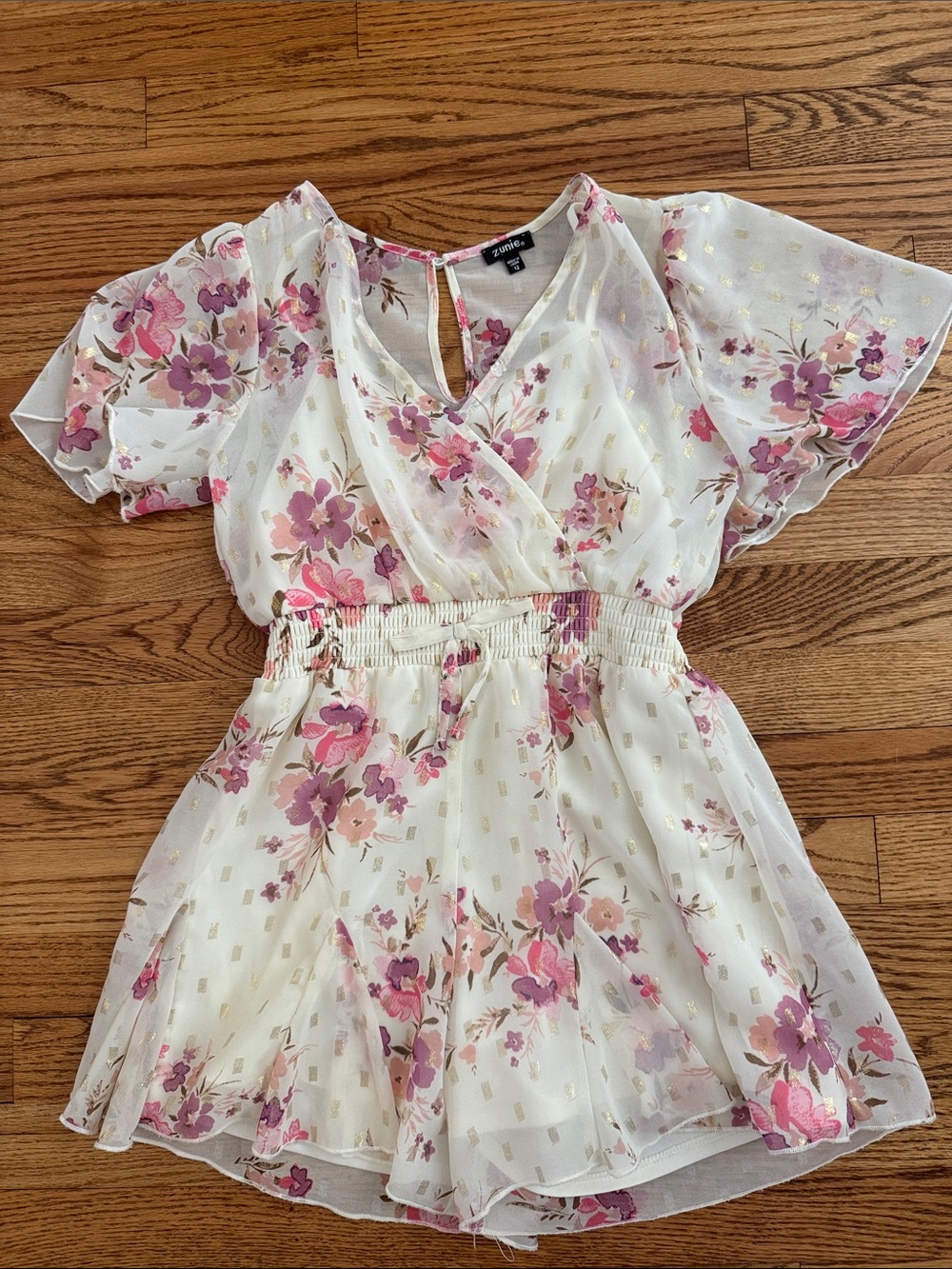 Cream Floral Girls' jumpsuit with Pink & Purple Flowers